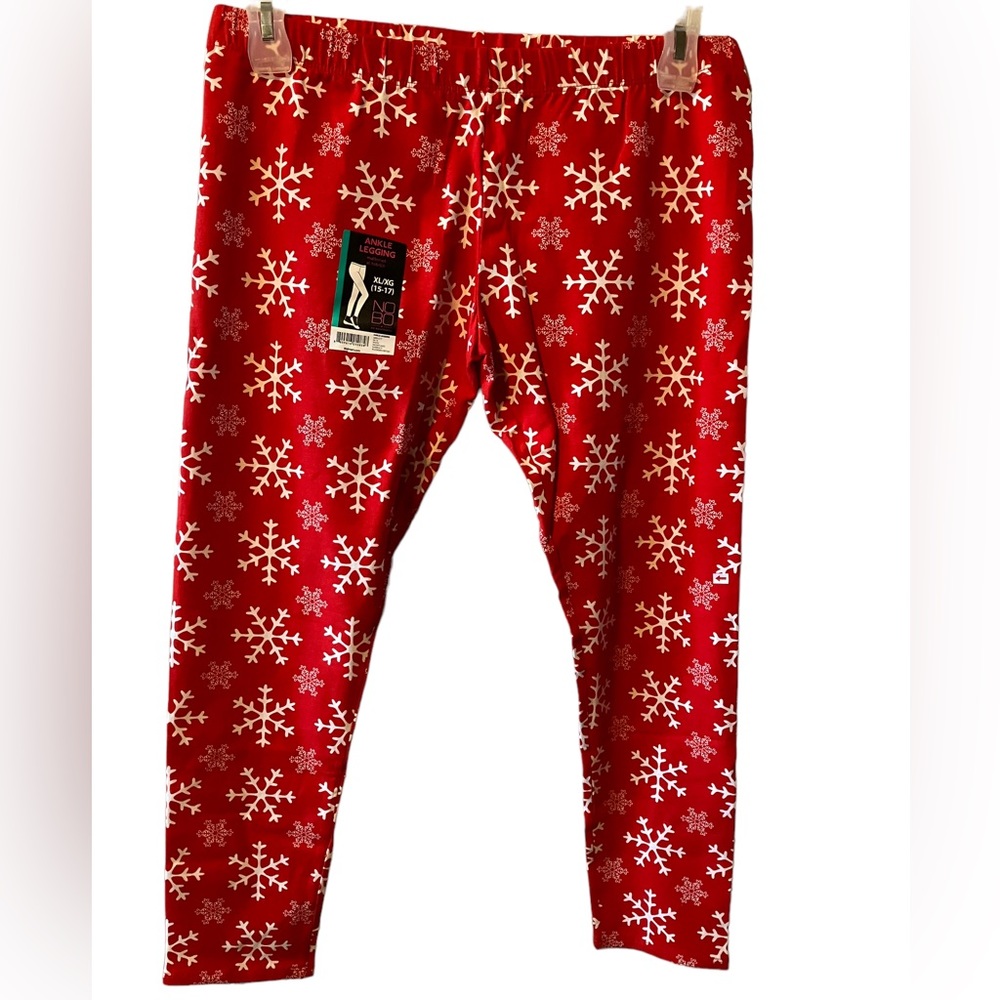 NOBO Red White Snowflakes Christmas Holiday Print Stretch Leggings Juniors